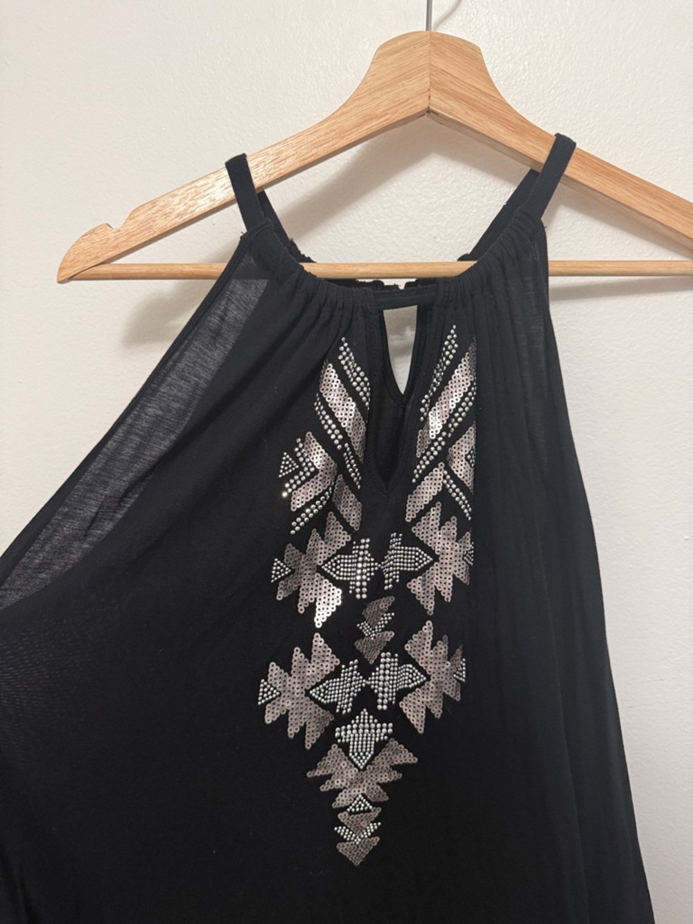 INC International Concepts Black Sequin Aztec Print Halter Style Keyhole Tank